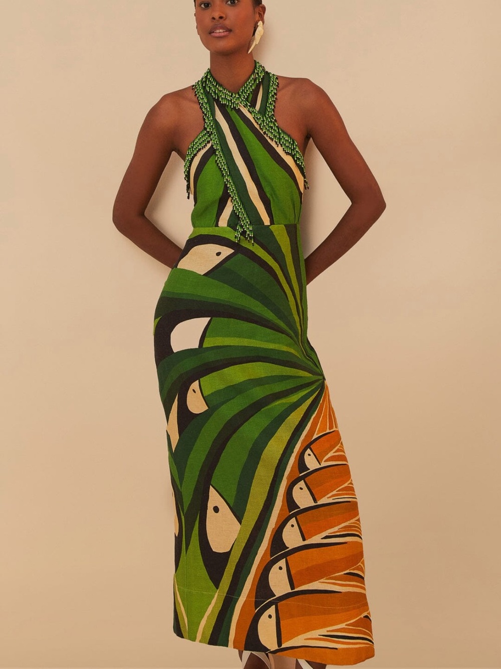 FARM Rio Green Toucan Tree Beaded Halter Convertible Maxi Dress - Picture 2 of 5